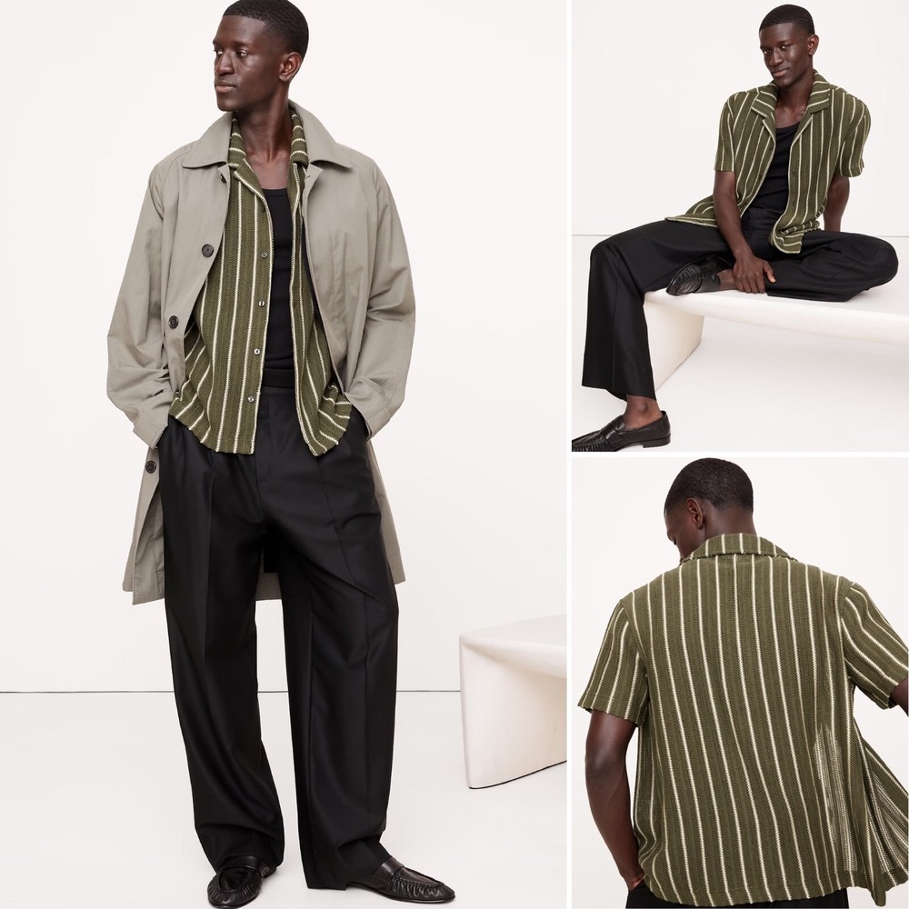 Banana Republic Standard Fit Jacquard Stripe Resort Shirt LRG Dark Cypress Green